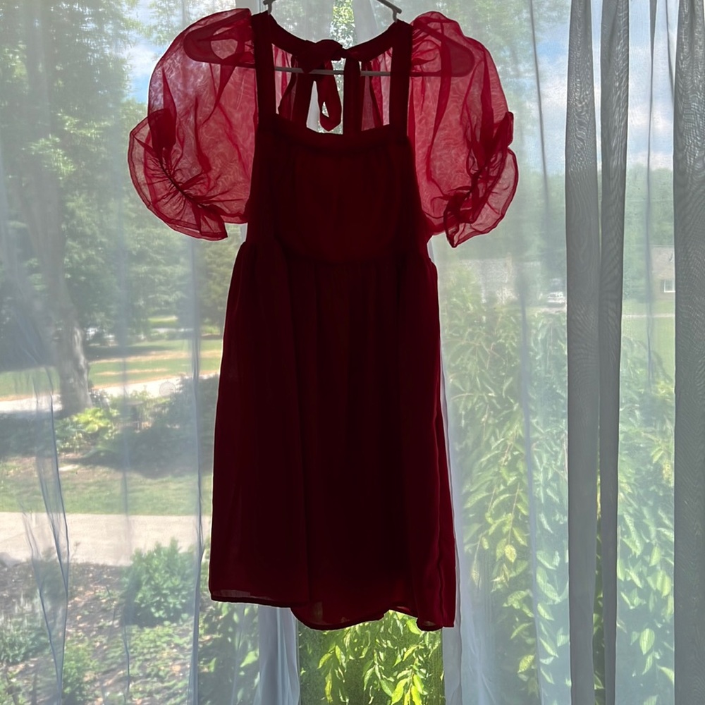 Red sheer puffed sleeve dress with pockets:)